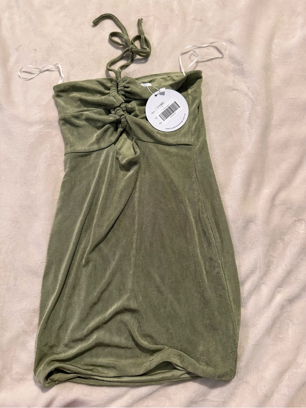 Hello Molly Olive Green Tie-Neck Ruched Mini Dress